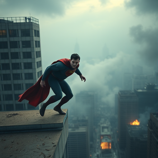 (cinematic, full body shot, superman on top of building,  realistic skin, natural features, Phantom High Speed Camera, style raw) ,looking to the viewers, mudapocalyptic, goggles, fire.