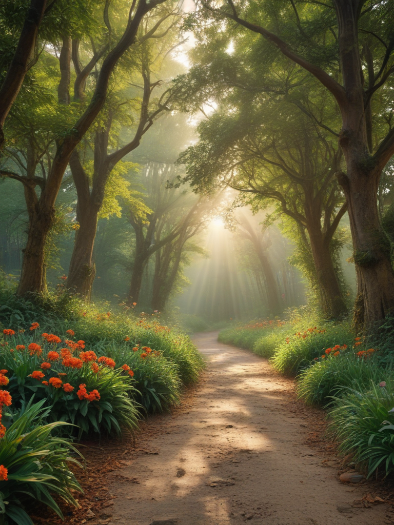 Enchanting Sunlight Filters Through Trees Along a Serene Garden Path