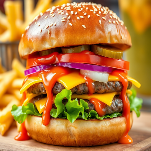 High-resolution, close-up image of a gourmet double cheeseburger. The burger features a glossy, sesame-seed-topped brioche bun. Inside, there are two thick, juicy beef patties, each topped with melted cheddar cheese. The burger is garnished with fresh lettuce, tomato slices, diced onions, and pickles. A generous amount of ketchup and a creamy, orange-colored sauce is dripping down the sides, adding to the mouth-watering appeal. In the background, there are blurred elements including a side of golden French fries and a hint of a beverage, enhancing the overall presentation of a delicious meal.
