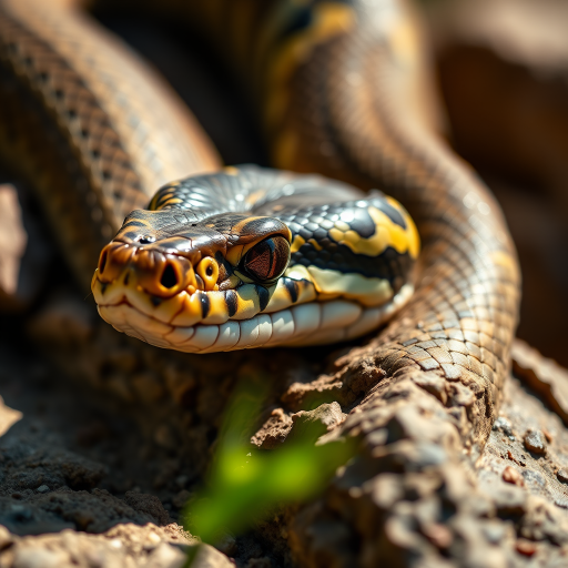 high-quality close-up of a snake resting on a rock, natural lighting, shallow depth of field, aperture f/2.8, ISO 200, 50mm lens, DSLR camera, focus on the snake's head and texture of the scales