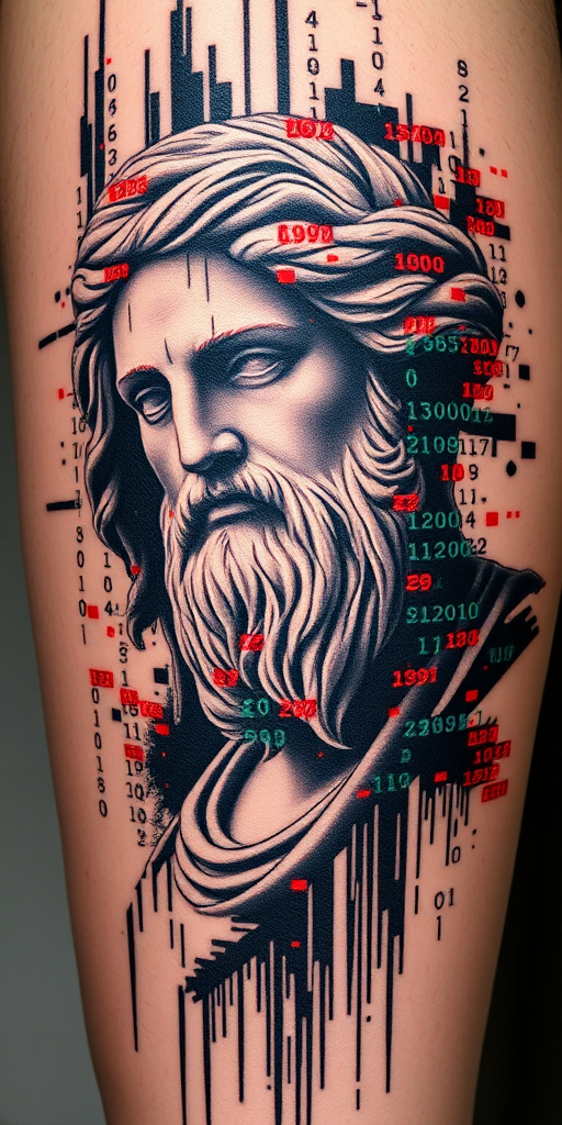 Glitch art tattoo called "Digital Disruption" depicting a classical sculpture glitching and pixelating, with fragmented code and binary sequences interspersed throughout, creating a striking juxtaposition between ancient art and modern technology