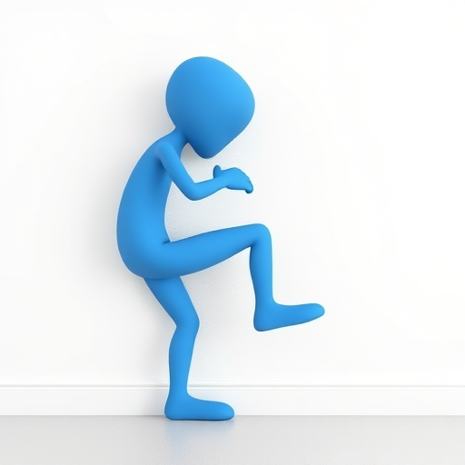 Create a 3D illustration of two cartoonish blue figures, one climbing on the back of the other, against a simple white wall, using a digital camera with f/8 aperture, ISO 100, 24mm focal length, and a slight top-down angle to enhance depth and clarity.