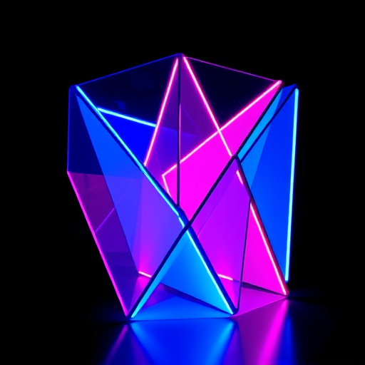 Create a vibrant 3D geometric abstract sculpture featuring sharp triangular shapes illuminated by neon blue and pink lights against a dark background, using a DSLR camera with a 50mm lens, f/1.8 aperture, ISO 100, 1/125 second shutter speed, and a low-angle shot to emphasize depth and detail.
