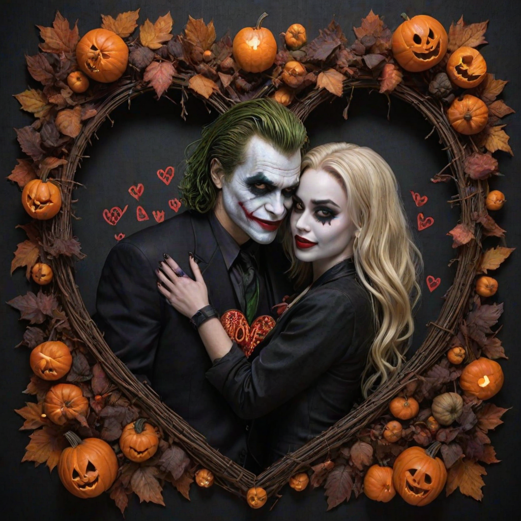 The Joker, neat, wearing a black suit and a beautiful Harley Quinn with long hair, both romantic, hugging and cuddling in the middle of a neon linen black heart frame decorated with dead leaves, bats, and small pumpkins, with a label at the bottom that reads 'Mad Love' made of linen, in a photo realistic style.