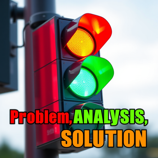 Create an image of a traffic light with red, yellow, and green lights shining brightly, alongside the words Problem, Analysis, and Solution in bold, colorful fonts; use a DSLR camera, f/8 aperture, ISO 100, 50mm lens, and a sharp focus with a slight vignette effect to enhance image quality.