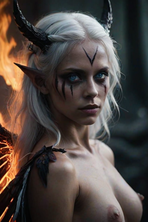 Misty Valley a close-up of a mysterious woman one half of her body and face is beautiful angelic appearance blue eyes white hair the other half of her body and face is demonic coal-black skin red eye and hair are burning with fire demonic horn on her back are wings corresponding to each part of the body. Dark atmosphere cinematic masterpiece clear focus