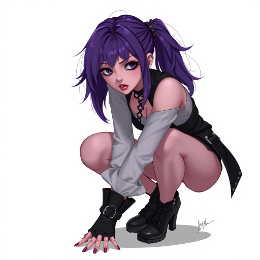 Create a highly detailed digital illustration of a gothic character with purple hair and dark makeup, wearing a stylish outfit with a belt, posed in a dynamic, crouching position; use a DSLR camera with a 50mm lens, aperture set to f/1.8, ISO 100, and a soft focus background to enhance subject clarity.