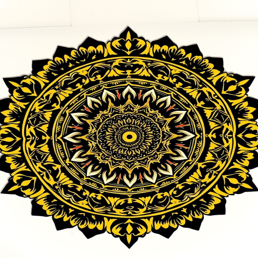 Create an intricate circular mandala design with a gold and black color scheme, featuring detailed geometric patterns and symmetrical elements, captured with a DSLR camera at f/8 aperture, ISO 200, and a focal length of 50mm from a top-down angle to enhance image clarity and detail.