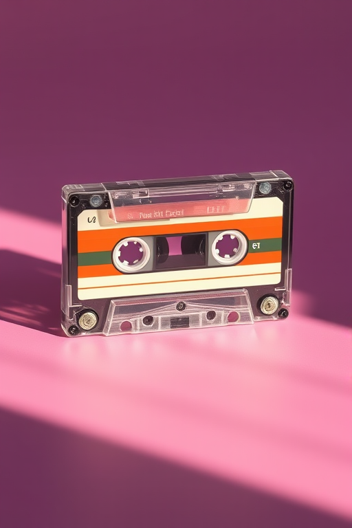 Create a highly detailed image of a vintage cassette tape on a clean background, shot with a 50mm lens at f/2.8, ISO 100, shutter speed 1/125s, in natural light to enhance color depth and clarity, using a digital DSLR camera.