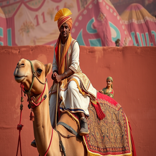 A rider in traditional attire on a decorated camel against a vibrant background, captured with a Canon EOS R5, 85mm lens, f/1.8 aperture, ISO 100, natural lighting, portrait orientation, high dynamic range.