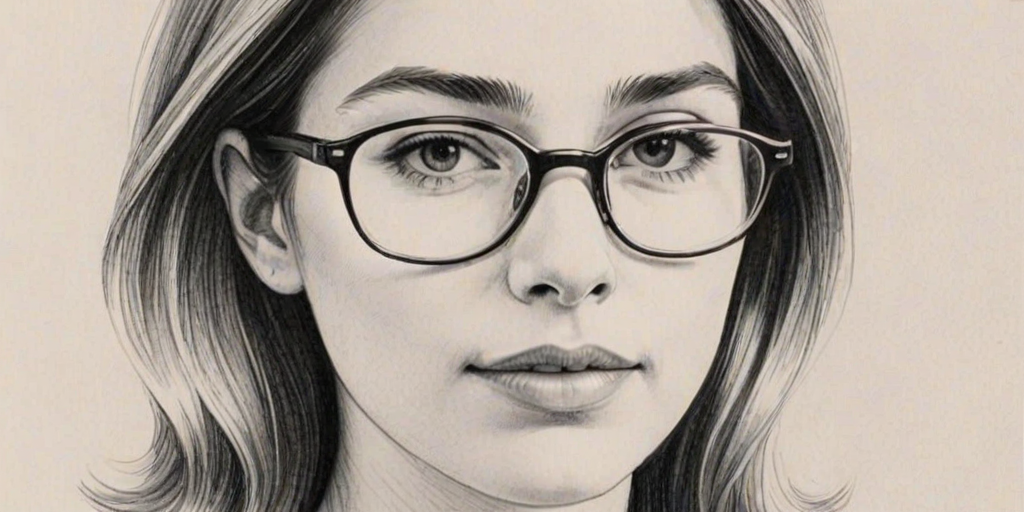 Appealing Sofia Coppola, pencil sketch, portrait of Graceful woman 1960s in glasses, hair style beatnik, outline, clear lines, fine lines, 8k