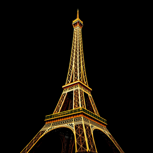 Create a highly detailed, golden Eiffel Tower against a solid black background, captured with a DSLR camera at f/1.8, ISO 100, 50mm lens, in portrait orientation using a high dynamic range imaging style.