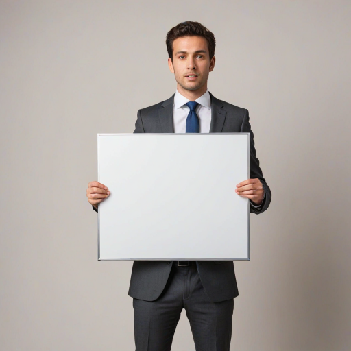 Create an image of a professional individual in a business suit, holding a large blank whiteboard in front of their face. The background should be neutral to emphasize the person and the blank board. Make sure the person's hands are visible, and they are positioned at mid-chest level, showcasing the blank space clearly.