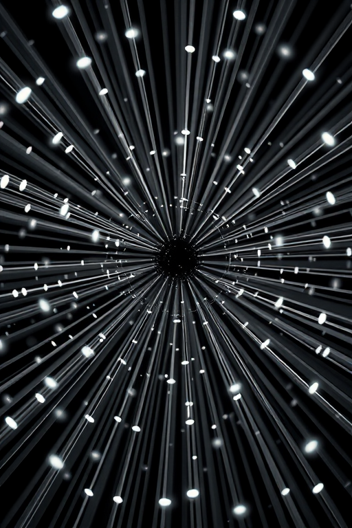 Create an abstract image of a black and white network of lines and dots dynamically radiating outward, captured with a Canon EOS R5 at f/2.8, ISO 100, 1/250s, overhead view, using macro lens to enhance detail and depth.