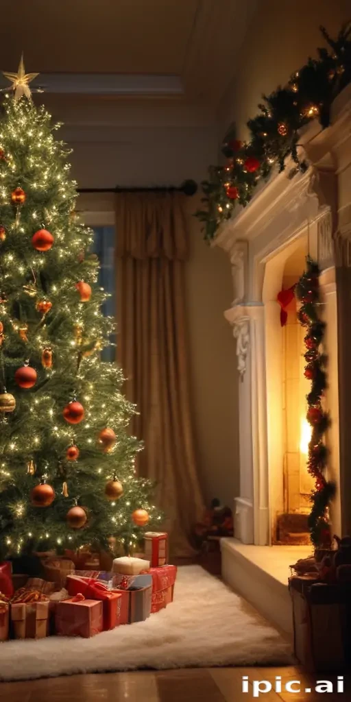 Cozy Christmas Evening with a Beautifully Decorated Tree and Fireplace.