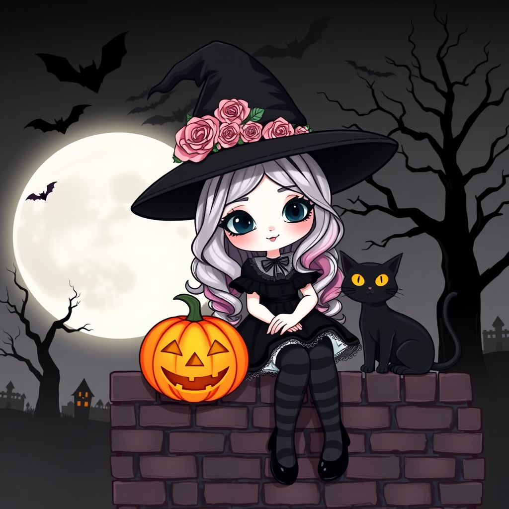A cute, gothic-style cartoon of a young witch resembling Wednesday Addams sitting on a brick wall under a full moon. She has long wavy hair with silver, pink, and purple ombre highlights, and wears a classic black witch hat decorated with a pumpkin and roses. She is dressed in a black frilly dress with striped stockings and black shoes. A glowing Jack-o'-lantern sits beside her, and a black cat with glowing orange eyes is next to her. The background features a large moon, silhouetted bats, and a spooky tree, with a soft monochrome and slightly glowing effect, creating a magical Halloween atmosphere.
