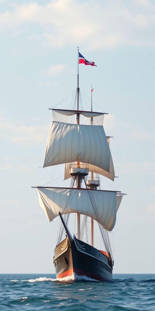 Create a high-resolution digital illustration of a classic sailing ship with three masts and billowing sails, viewed from a slightly elevated angle, using a Canon EOS 5D Mark IV with a 50mm lens, aperture f/2.8, ISO 100, soft natural lighting to enhance the details and colors of the ship.