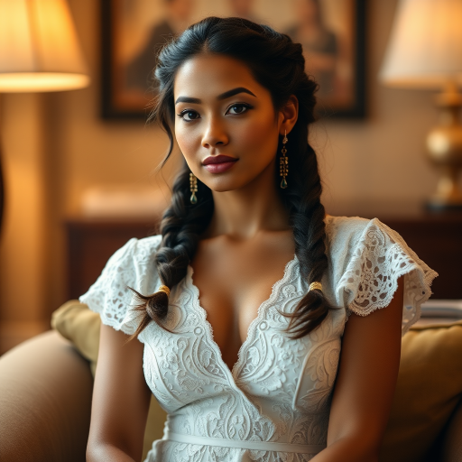 Create a portrait of a refined and elegant Hawaiian woman seated in a sophisticated setting. She has long, wavy hair styled in two thick braids that are pulled over her shoulders. She wears a white, lace gown with intricate patterns, featuring a deep V-neckline and short sleeves. The dress exudes a vintage charm with its delicate lacework. She is adorned with ornate, dangling earrings that add a touch of glamour to her appearance. The background is softly lit, with warm, ambient lighting that creates a cozy and inviting atmosphere. Her expression is poised and serene, capturing a sense of grace and elegance.