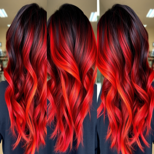 Dramatic Volcanic Ombre Waves boasting a striking transition from deep charcoal black roots to fiery red and orange tips styled in loose tousled waves reminiscent of flowing lava