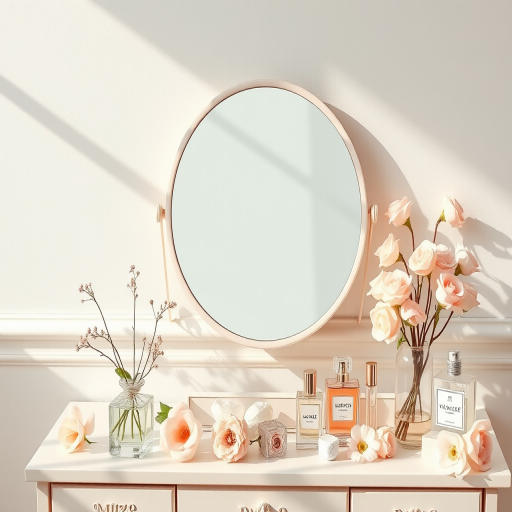 Create a refined illustration of a vanity table with a round mirror, surrounded by delicate flowers, and elegant perfume bottles in soft pastel colors, shot from a top-down perspective using a 50mm lens, f/1.8 aperture, sunlight lighting for a soft glow, high-resolution digital photography style.