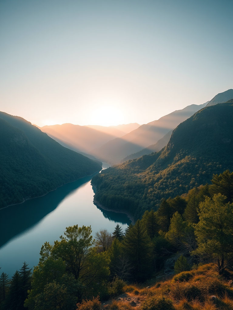 Generate a high-resolution image of a serene landscape featuring a tranquil lake surrounded by lush green mountains, sunrise lighting, with a wide-angle view, using a DSLR camera with an aperture of f/8, ISO 100, shutter speed of 1/125 sec.