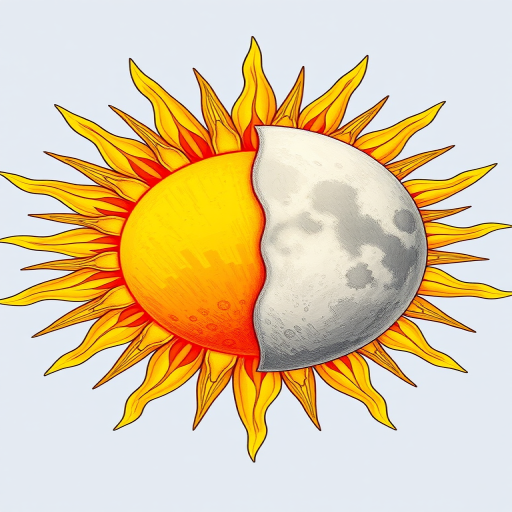 Create a detailed illustration of a radiant sun and a serene moon side by side, showcasing vibrant orange and yellow colors for the sun and soft silver tones for the moon, using a Canon EOS R5 with a 50mm lens, f/1.8 aperture, ISO 100, shooting in natural light to enhance brightness and contrast.