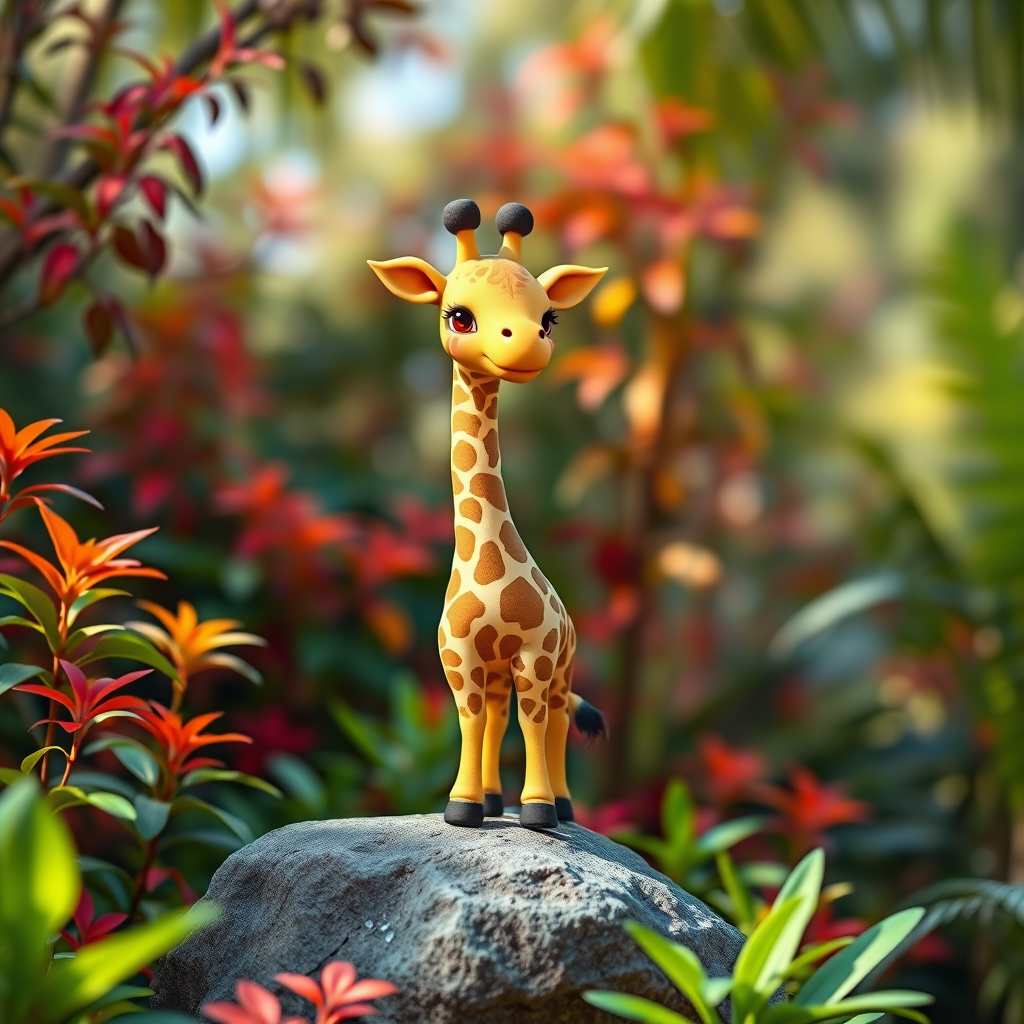 Create a cute cartoon-style giraffe standing on a rock surrounded by vibrant foliage, shot with a Canon EOS R5, 50mm lens, f/1.8, 1/250s, ISO 100, soft focus background, bright and colorful lighting.