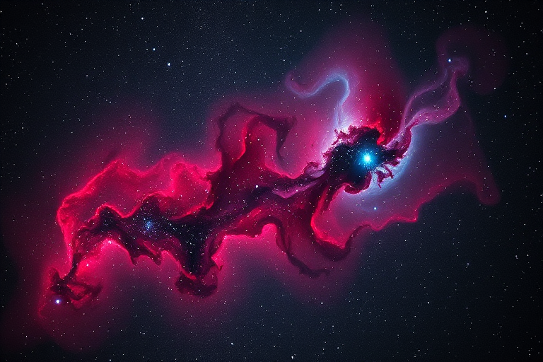 Astrophotography of a vibrant cosmic nebula with swirling colors of red, blue, and purple, captured using a DSLR camera with a 24mm f/1.4 lens at ISO 800, shutter speed 30 seconds, in a low-light environment, using a long exposure technique to enhance detail and clarity.