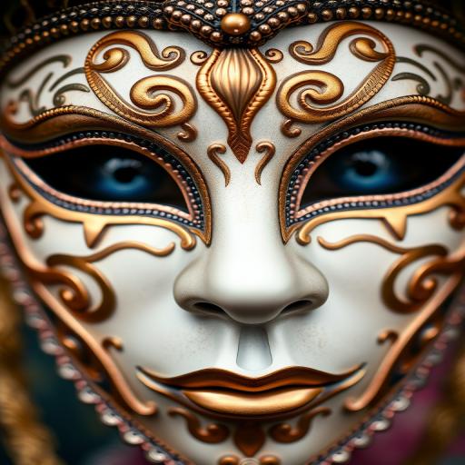 Create a high-resolution close-up of an ornate masquerade mask with intricate designs and blue eyes visible, using a DSLR camera set to f/2.8 aperture, ISO 100, and a shutter speed of 1/125 sec, shot at eye level with a soft focus background to enhance the mask's details.