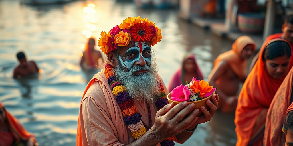A vibrant scene of a holy man with a painted face holding a flower-adorned offering, surrounded by water and devotees, captured at sunrise with a Canon EOS R5, 50mm lens, f/1.8, ISO 100, and soft golden hour lighting for enhanced warmth and detail.