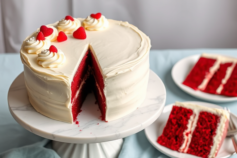 A beautifully decorated red velvet cake with cream cheese frosting on a white marble cake stand featuring a slice removed revealing layers of red cake and creamy filling with a light blue tablecloth in the background and a plate of cake slices nearby.