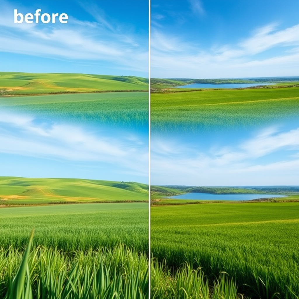 Regenerate an image of a serene landscape with a clear blue sky, lush green fields, and a calm lake, captured with a Canon EOS R5, 24mm lens, f/8 aperture, ISO 100, in vibrant colors to enhance clarity and detail.