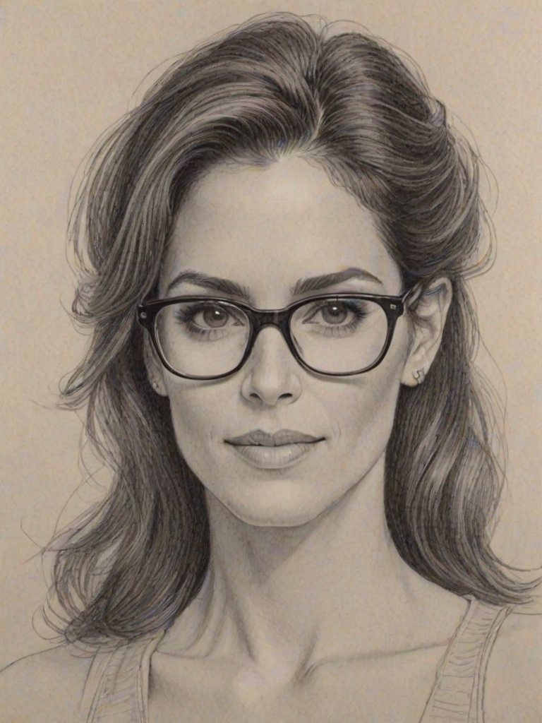 Enchanting Jami Gertz, pencil sketch, portrait of Superb woman 1979s in glasses, hair style beatnik, outline, clear lines, fine lines, 8k