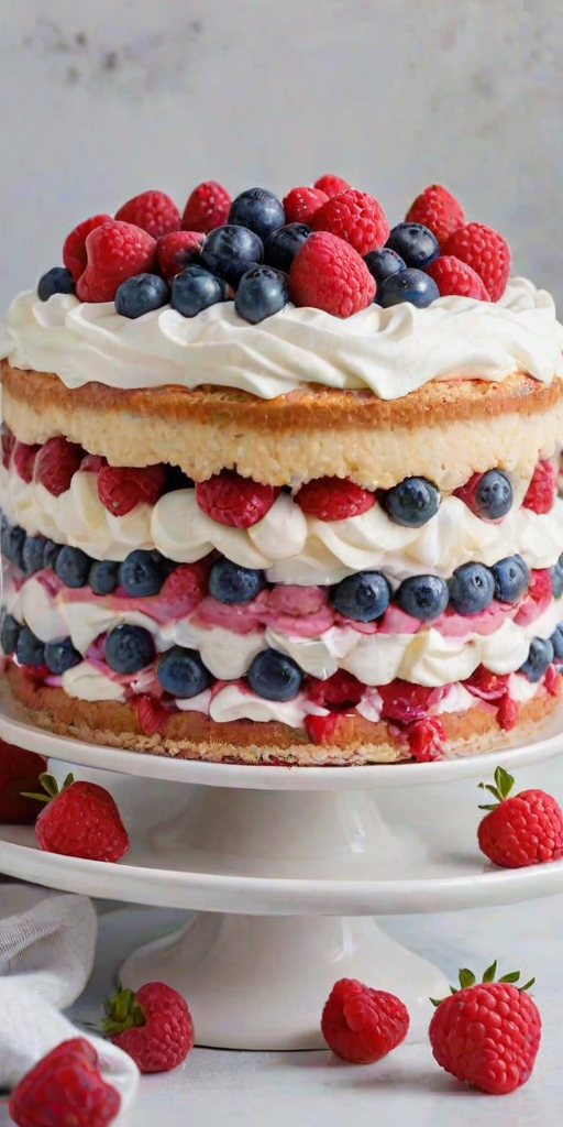 Generate an image of a multi-layered cake with vibrant layers of pink and blue fruit filling, topped with whipped cream and fresh raspberries. The cake should have a fluffy texture and be displayed on a white plate with a fork beside it. The background should be simple and light to emphasize the cake's colors.