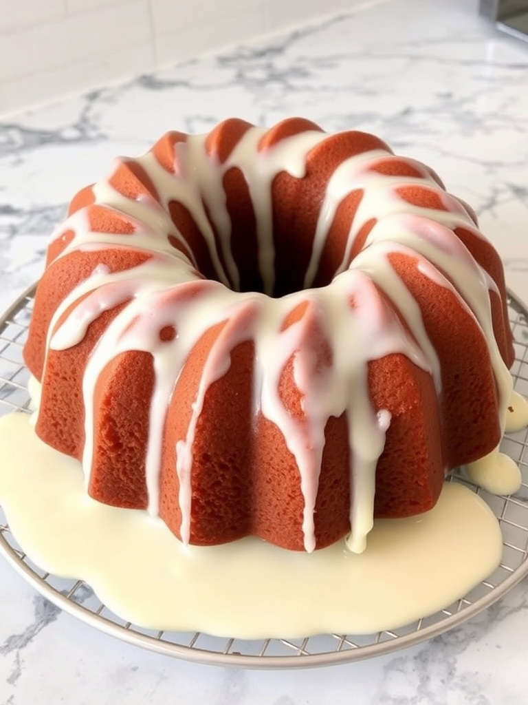 A moist bundt cake with a smooth cream glaze drizzling down the sides placed on a wire rack on a marble countertop.