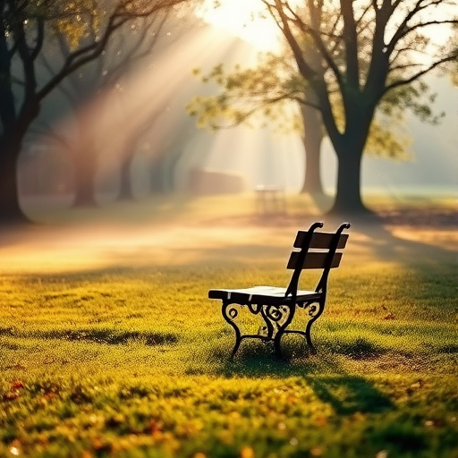 A serene park scene featuring a wooden bench in a misty meadow, soft morning light filtering through trees, shallow depth of field, 50mm lens, f/1.8, ISO 100, shutter speed 1/200, captured with a DSLR camera in a wide-angle view.