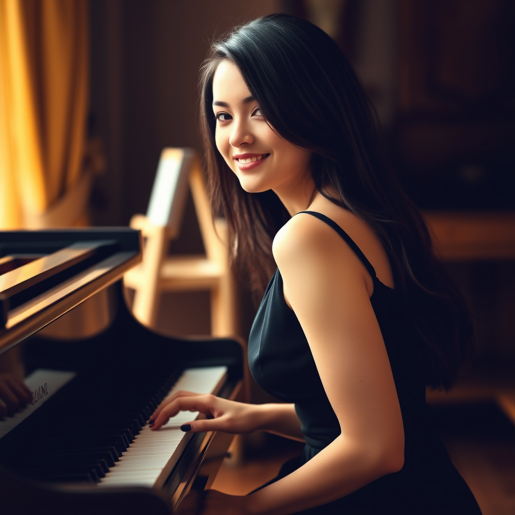A young woman with long, dark hair smiles at the viewer as she sits at a grand piano, her right hand poised over the keys. The scene is lit by warm, natural light, highlighting the elegant simplicity of the woman's black dress. The perspective is from the side, emphasizing the contrast between the woman's delicate form and the grand scale of the piano. The ivory keys and dark wood of the piano create a striking visual contrast, further emphasized by the rich black of her dress.