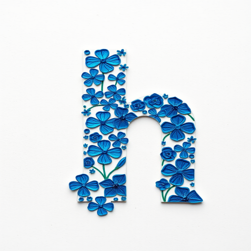 Create a vibrant, textured letter "h" filled with intricate blue floral patterns, shot with a Canon EOS 5D Mark IV, 50mm lens, f/1.8 aperture, ISO 100, at a slight top-down angle for depth and clarity.