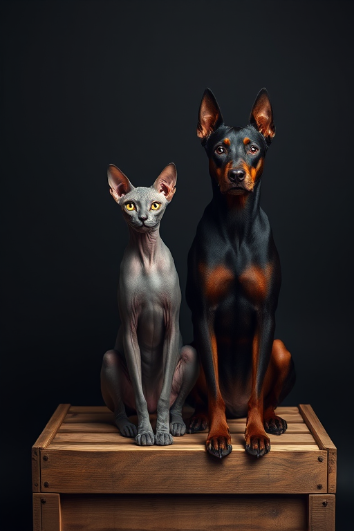 A portrait of a Sphynx cat and a Doberman sitting on a wooden crate against a black backdrop, taken with a Canon EOS R6 using a 50mm f/1.2 lens at ISO 100, aperture f/2.8, shutter speed 1/200s, natural light for a soft focus effect and enhanced details.