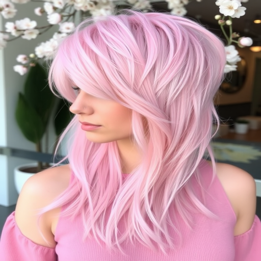 Pastel pink long pixie cut with choppy layers and feathered edges, creating a soft and ethereal look reminiscent of cherry blossoms in bloom, called Sakura Whisper