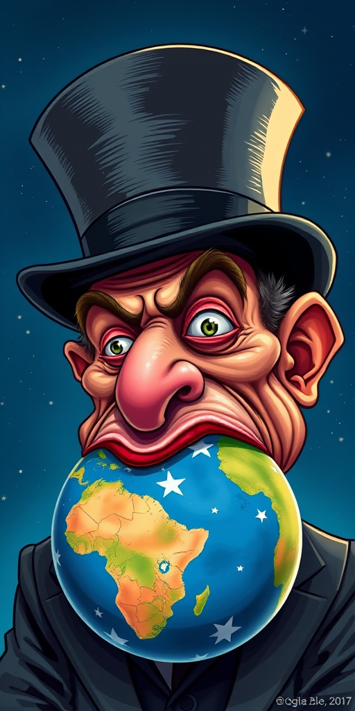 Create an illustration of a grotesque caricature of a businessman in a top hat, consuming a stylized representation of the Earth, with vibrant colors and exaggerated features, using a high-resolution digital art style, captured with a virtual camera lens at 50mm and f/2.8 aperture for sharp details and shallow depth of field, with a blue starry background, emphasizing the surrealism of the scene.