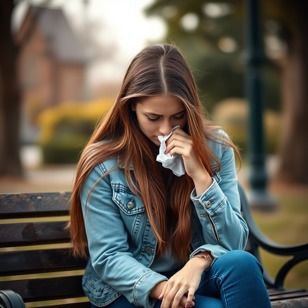 portrait of a young woman with long brown hair sitting on a park bench, crying with a tissue in hand, wearing a denim jacket and blue jeans, shallow depth of field, natural light, 50mm f/1.8 lens, ISO 200, aperture f/2.0, soft focus on background