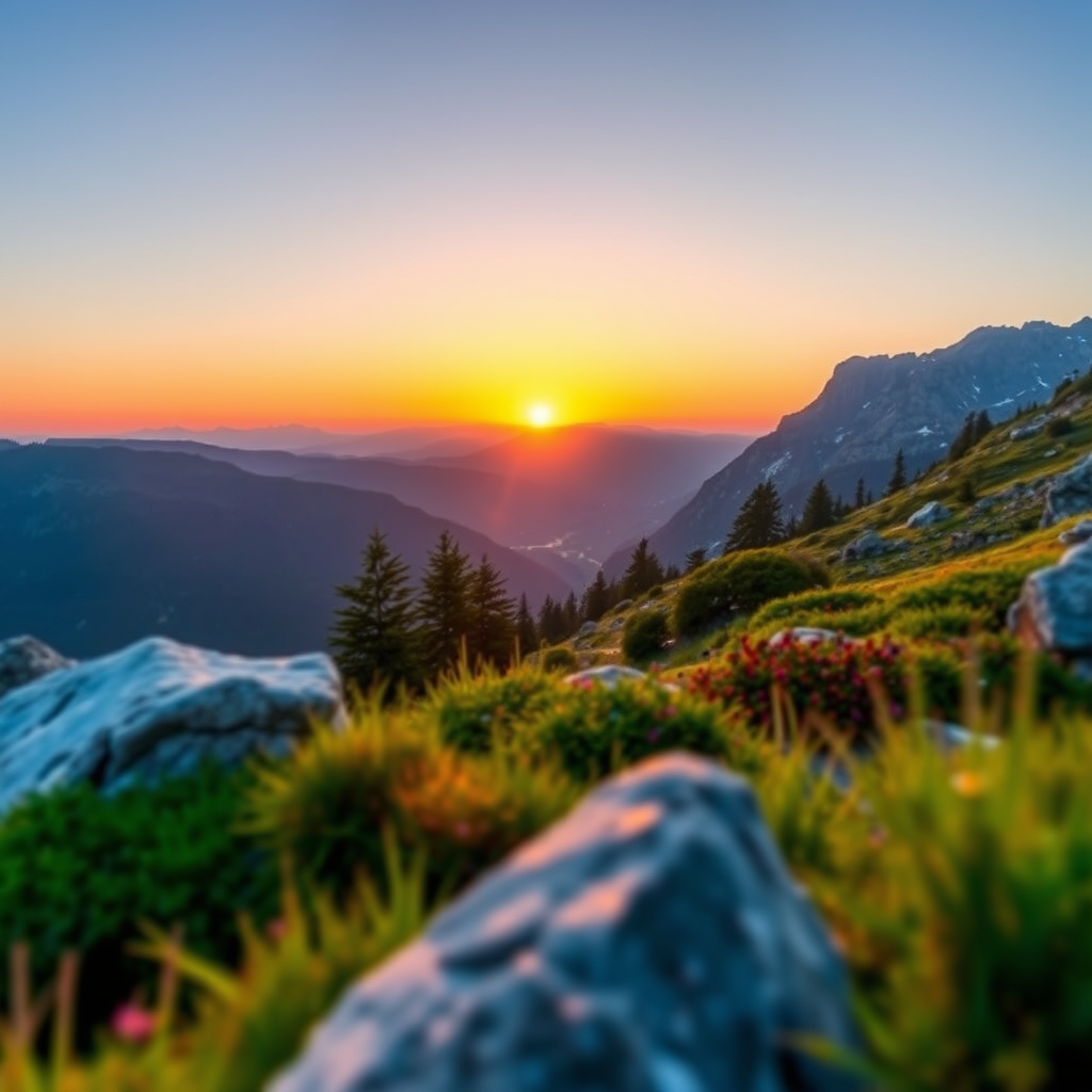Generate a high-resolution image of a serene mountain landscape at sunrise, using a DSLR camera with a 24mm lens, aperture f/8, ISO 100, and a shutter speed of 1/125 sec, taken from a low angle to emphasize the foreground, using vibrant colors and HDR technique for enhanced detail.