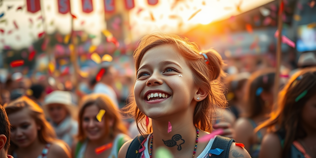 A vibrant festival scene depicting a girl with tears of joy, surrounded by colorful confetti in a lively crowd, shot with a Canon EOS R5, 50mm lens, f/1.8, ISO 100, at sunset for enhanced lighting and depth of field.