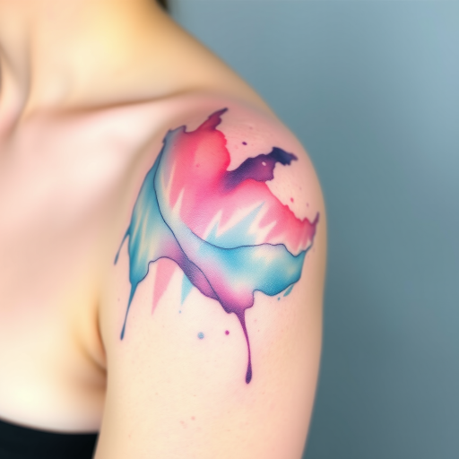 Ethereal watercolor splash tattoo titled "Aurora's Dance" showcasing soft pastel hues blending seamlessly to depict the mesmerizing Northern Lights, capturing the beauty of nature on the shoulder