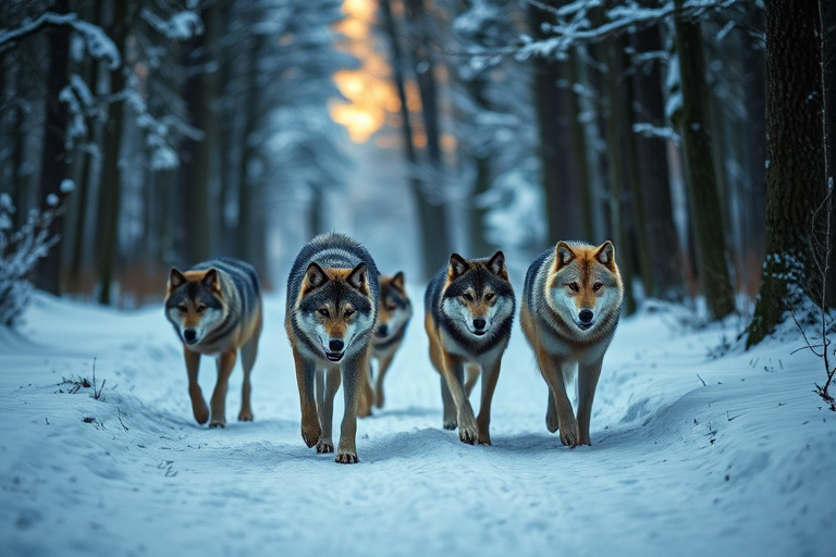 A pack of wolves walking through a snowy forest, focus on realism, with soft natural lighting, shallow depth of field, shot at f/2.8, ISO 100, 24mm lens, using a full-frame DSLR camera.