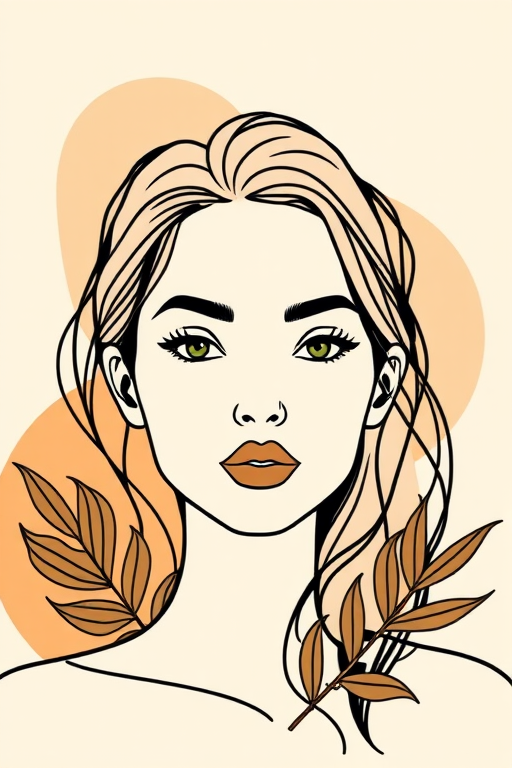 Create a minimalist line art portrait of a woman with large outlined features, surrounded by abstract shapes in soft earth tones like beige, terracotta, and cream, with tropical leaves incorporated into the design, captured with a DSLR camera at f/2.8 aperture, ISO 100, 50mm lens, soft natural lighting, shot from a straight-on view to emphasize the artwork.