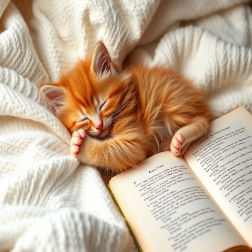 A fluffy orange kitten sleeping peacefully on a soft white blanket with its paws in the air next to an open book featuring text from Alice's Adventures in Wonderland. The kitten has a content expression, and the book pages show illustrations and text, creating a cozy and whimsical scene.
