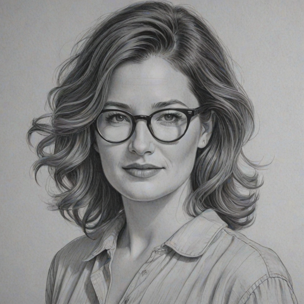 Comely Kathryn Hahn, pencil sketch, portrait of Appealing woman 1952s in glasses, hair style beatnik, outline, clear lines, fine lines, 8k