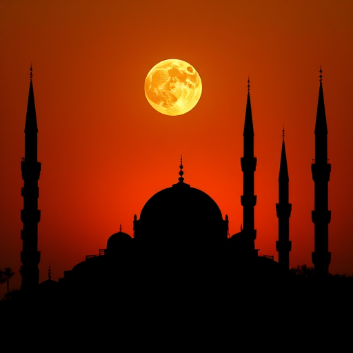 Create a silhouette of a mosque with multiple minarets against a sunset with a large moon, use a Canon EOS 5D Mark IV, 50mm lens, f/8 aperture, ISO 100, 1/125 sec shutter speed, focus on the foreground silhouette and ensure a smooth gradient in the background sky.